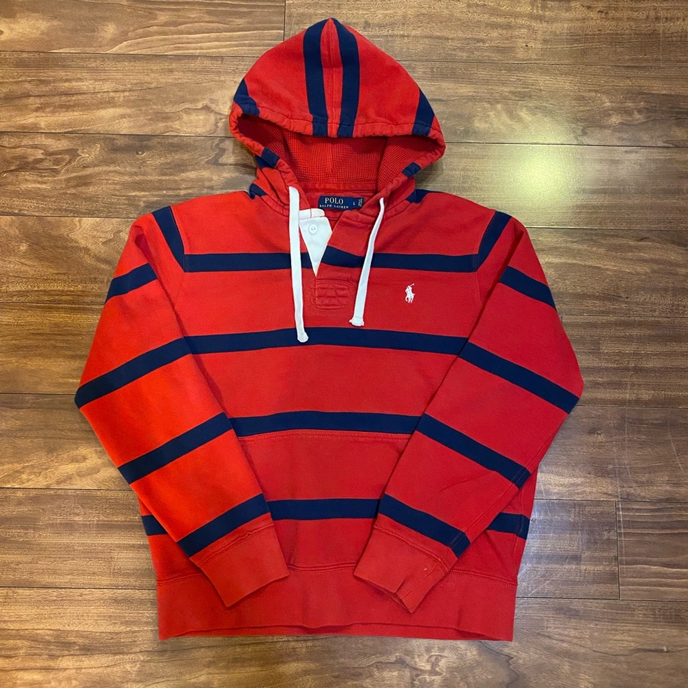 MEN’S POLO RALPH LAUREN STRIPED HOODIE SWEARTSHIRT LARGE RED BLUE